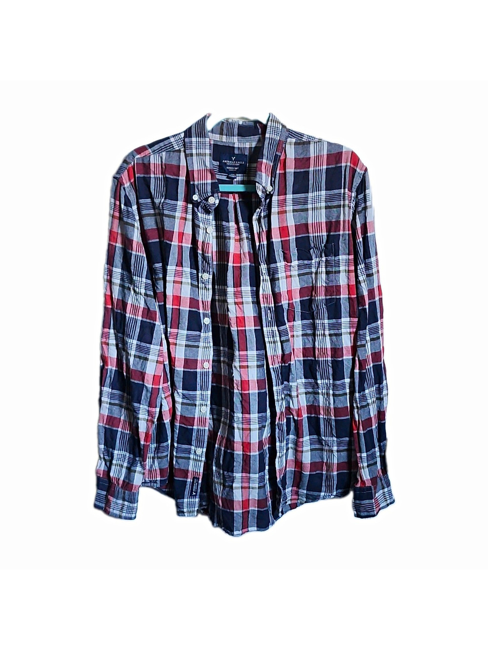 American Eagle Outfitters Men's L Blue Red White Plaid Linen Cotton Button-Down